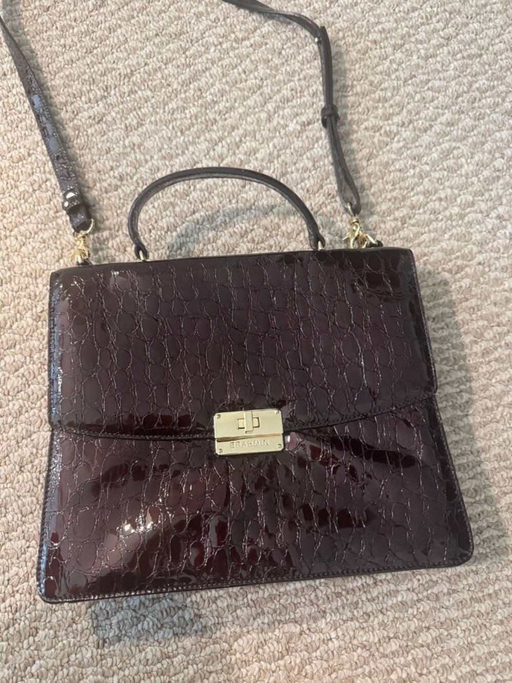 Brahmin Burgundy Patent Croc Embossed Top Handle Satchel with Crossbody Strap